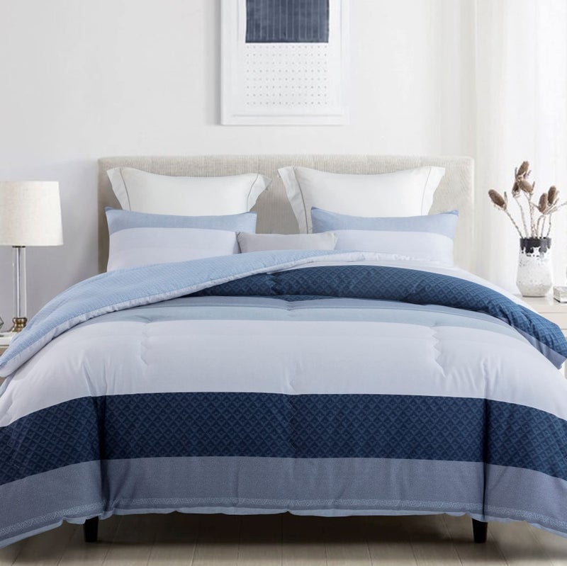 SLEEPBELLA Comforter King Size, 600 Thread Count Cotton White and Navy Striped Patchwork Reversible Pattern Reversible Blue Comforter Set,Down Alternative Bedding Set 3Pcs (King, Blue Patchwork) - Image 2